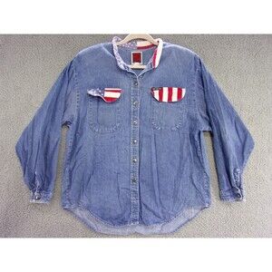 Vintage Western Denim Shirt Womens Large Mo Betta Stars Strips Buffalo Buttons